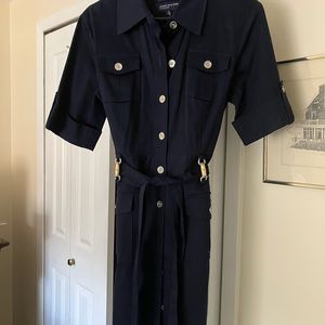 Jones New York navy dress with button front and barrel details